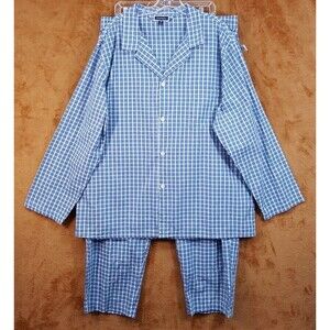 CLUB ROOM Pajama Set Mens XXL Blue Oxford Plaid Pocket 100% Cotton Sleep PJs